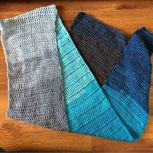 Handmade crochet oversize scarf in blue and grey